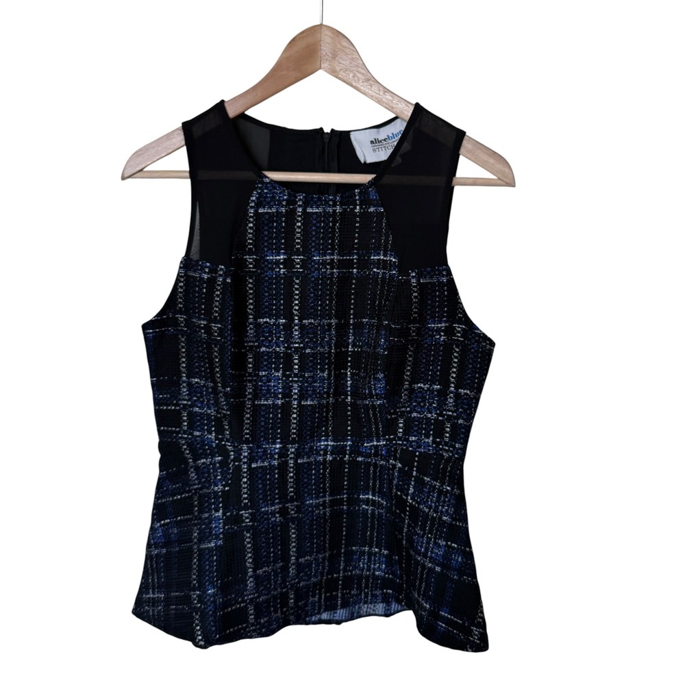 alice blue Sleeveless Top Women Small Blue Black Exc Plaid Tweed Mesh T31141